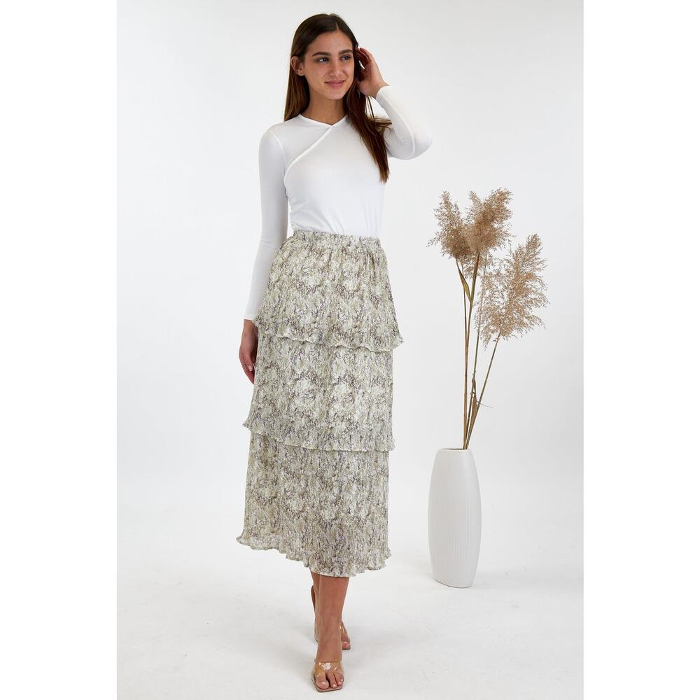 Udel Pastel Floral Tiered Gauzy Layered Boho Midi Skirt Large Cottagecore Spring